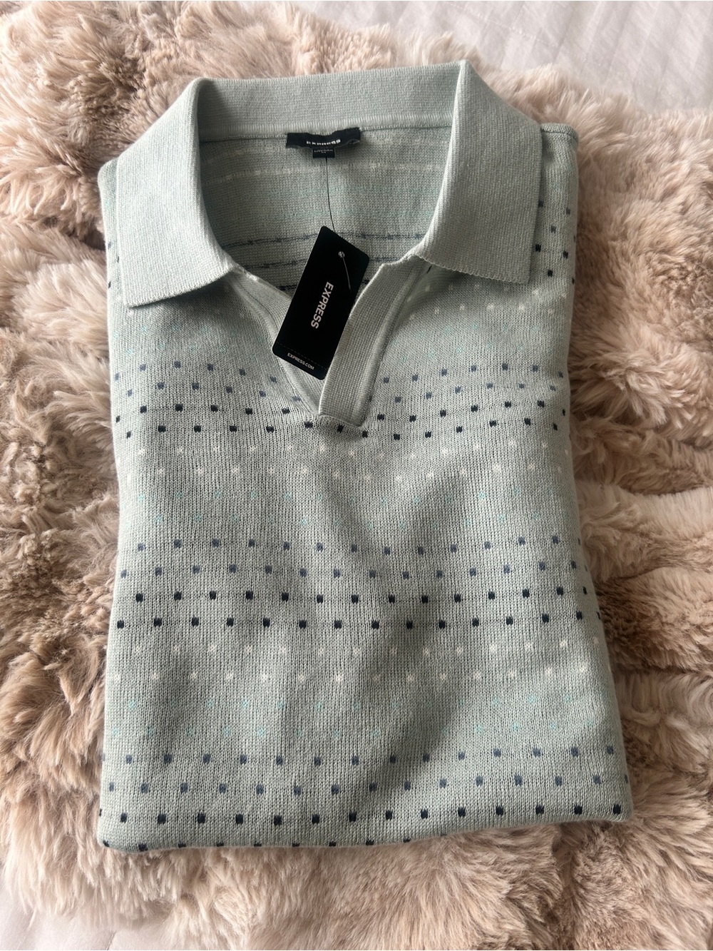 Express Men’s Light Mint V-Neck Polo Sweater with Navy Dot Pattern